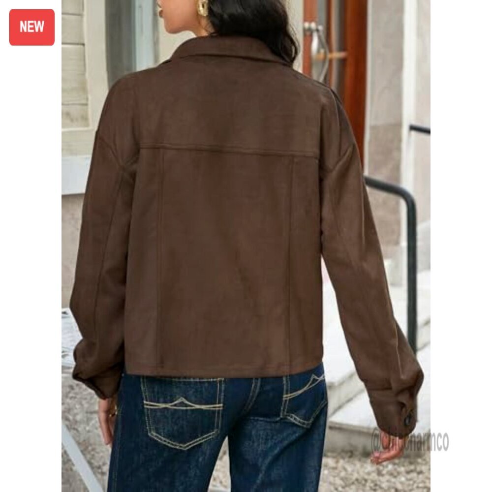 Cropped Faux Suede Jacket Lapel Collar Button Down Casual Vintage Shacket - Picture 4 of 6